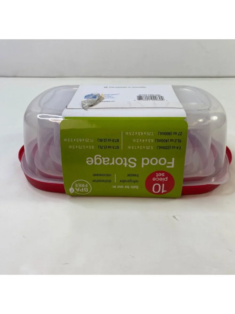 Totally Kitchen 10-Piece Food Storage Red Lids Microwave Freezer Dishwasher Safe